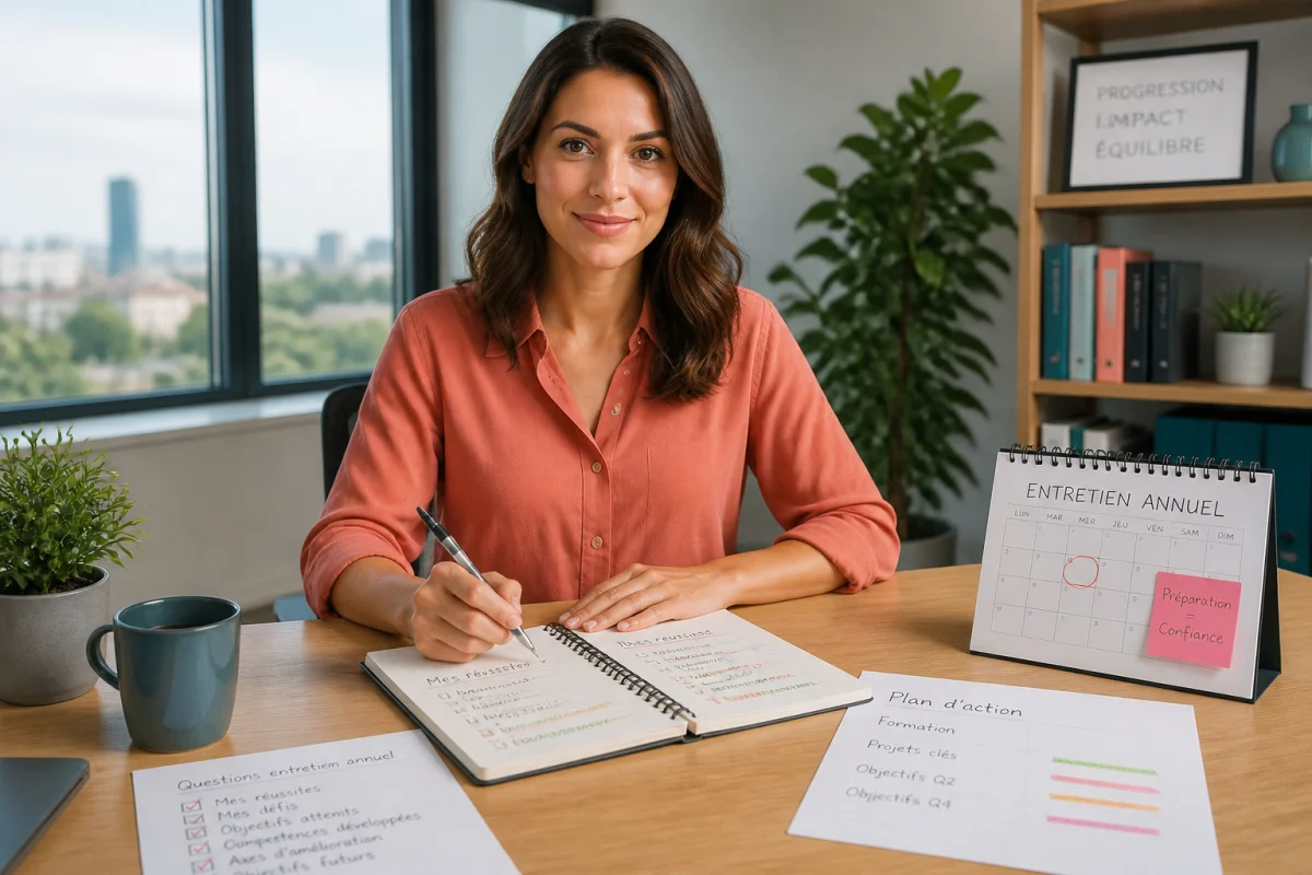 Professionnelle préparant son entretien annuel au travail, carnet de notes et questions préparées sur un bureau lumineux