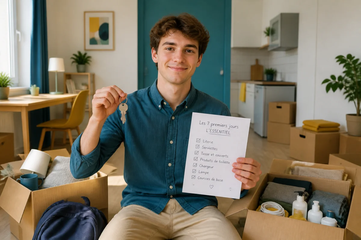 Étudiant serein préparant son emménagement, clés et checklist des essentiels visibles parmi les cartons d’un appartement lumineux