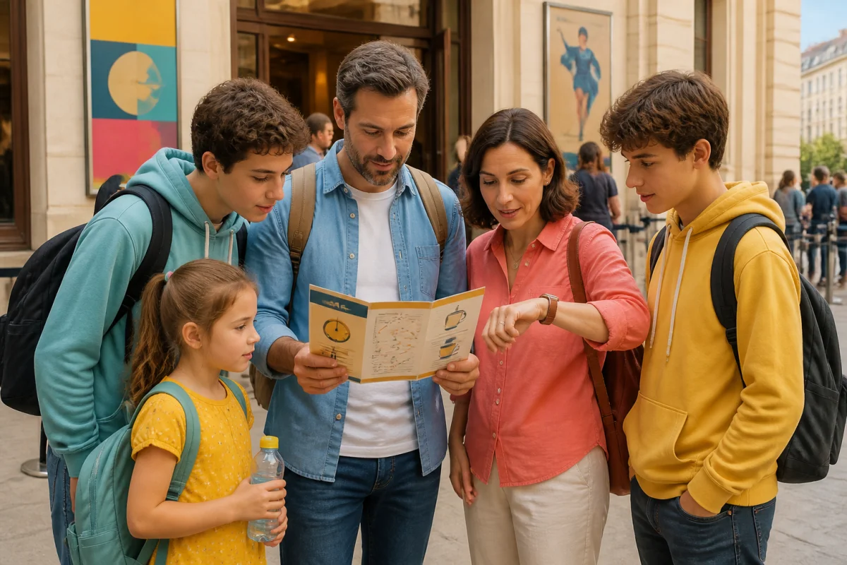 Famille préparant sereinement une sortie culturelle devant un musée, programme et montre en main