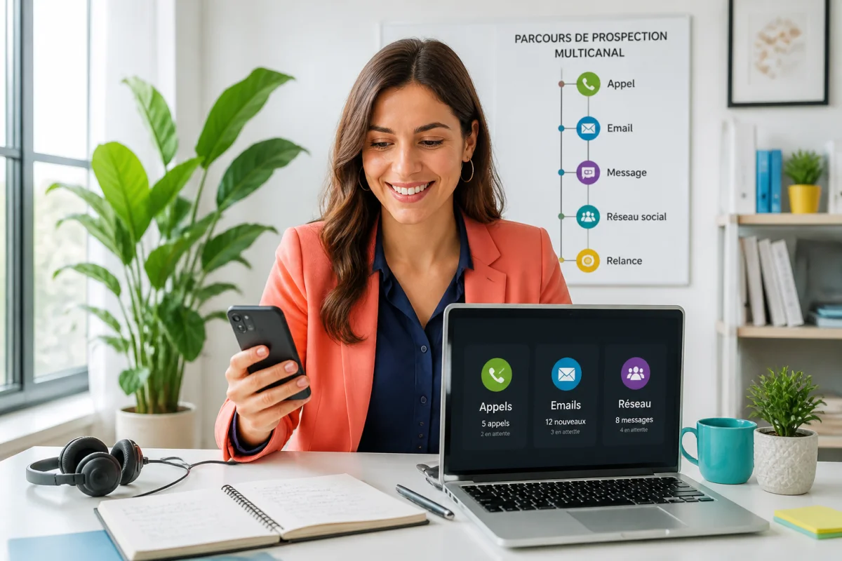 Professionnelle commerciale coordonnant appels, emails et prospection multicanal sur ordinateur portable dans un bureau lumineux