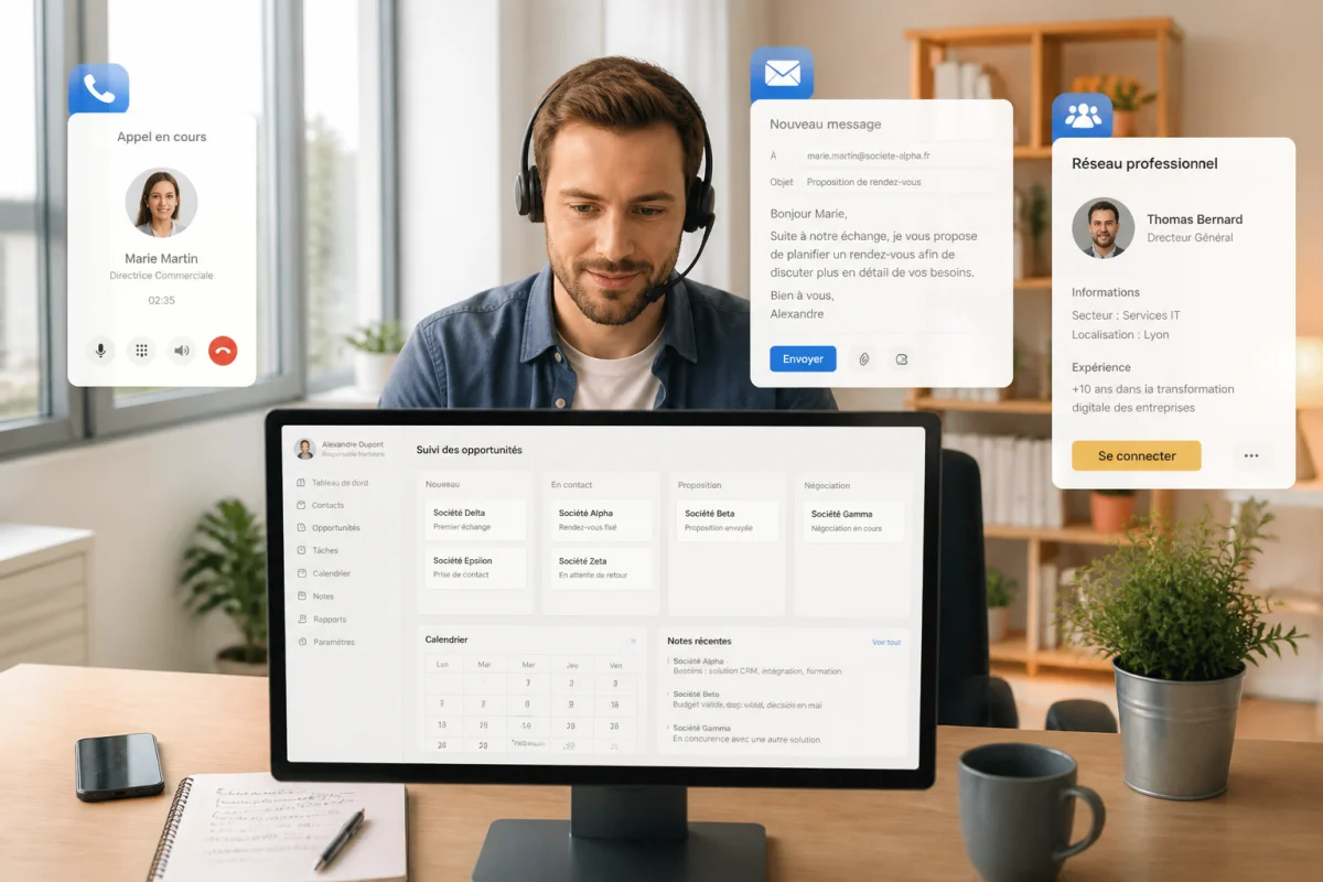 Prospection commerciale technique cold call 2.0 avec professionnel utilisant téléphone, email et réseau professionnel depuis un CRM.
