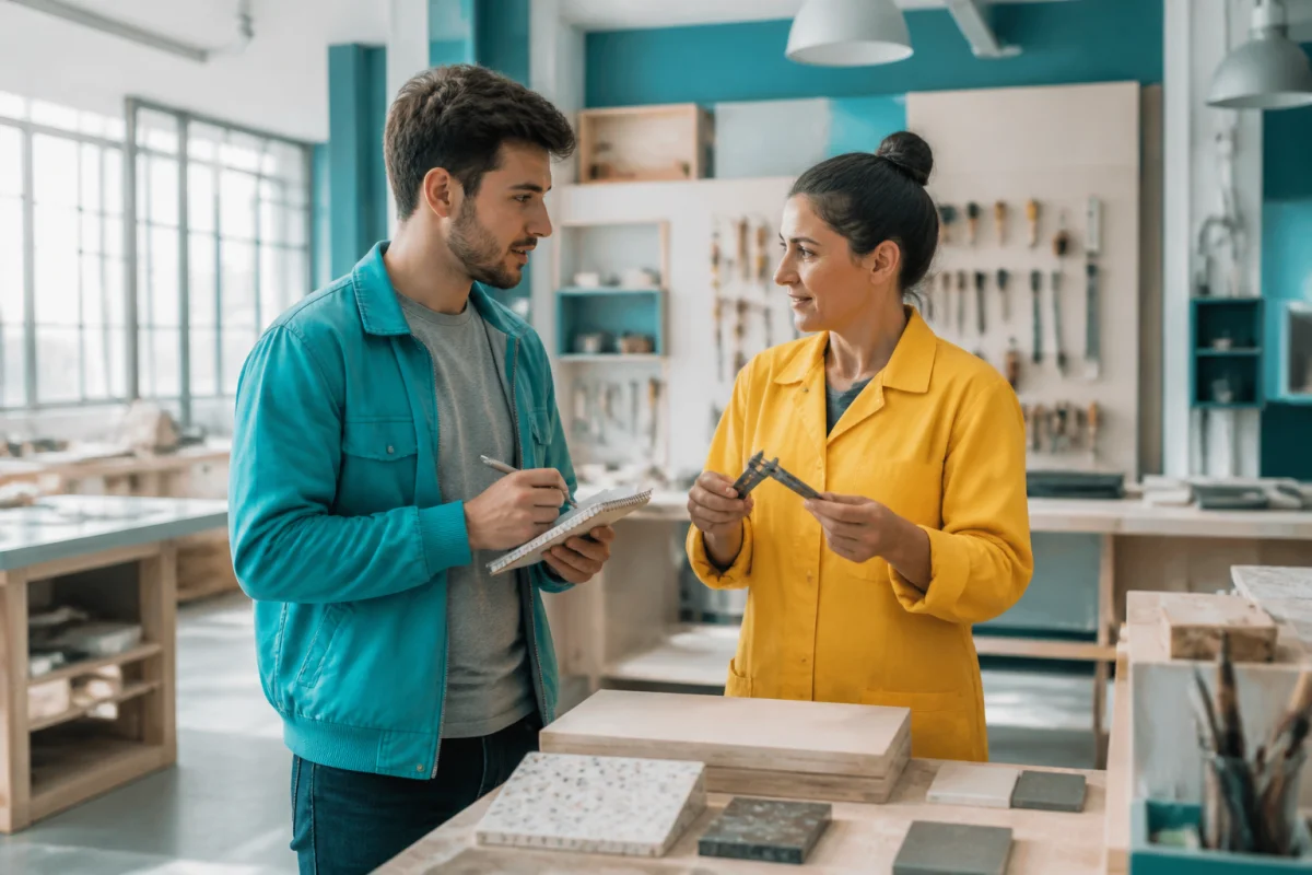 Jeune adulte en reconversion découvrant un métier avec une professionnelle dans un atelier lumineux et moderne