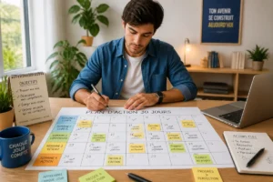 Jeune adulte organisant un plan d’action de trente jours pour réussir son orientation professionnelle, avec calendrier et objectifs cochés