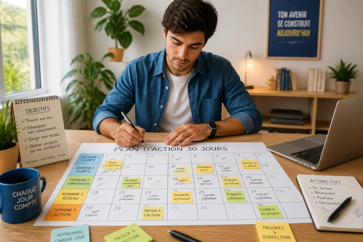 Jeune adulte organisant un plan d’action de trente jours pour réussir son orientation professionnelle, avec calendrier et objectifs cochés