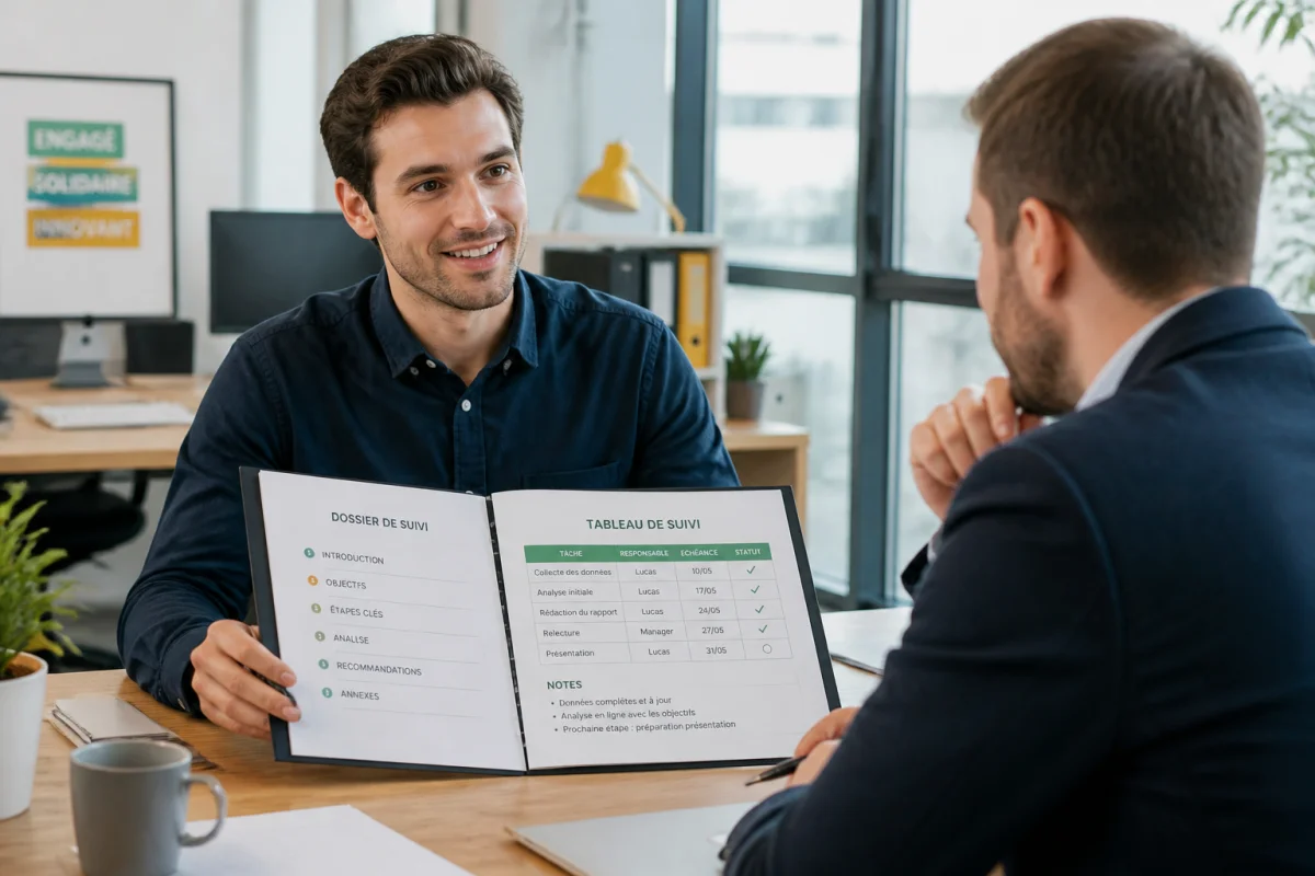 Jeune professionnel présentant un dossier organisé et un tableau de suivi à son manager dans un bureau moderne.