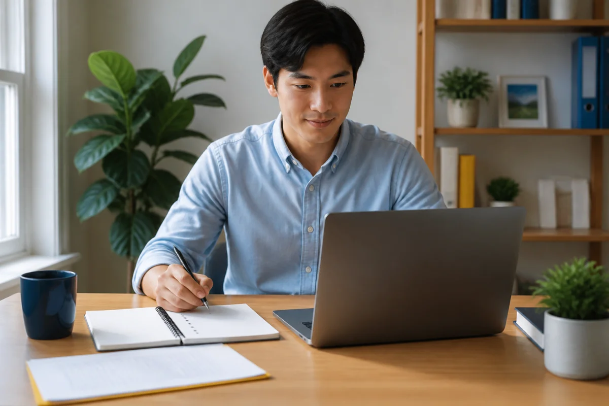 Jeune professionnel préparant son premier emploi devant un ordinateur, carnet ouvert et offre d’emploi organisée sur un bureau lumineux