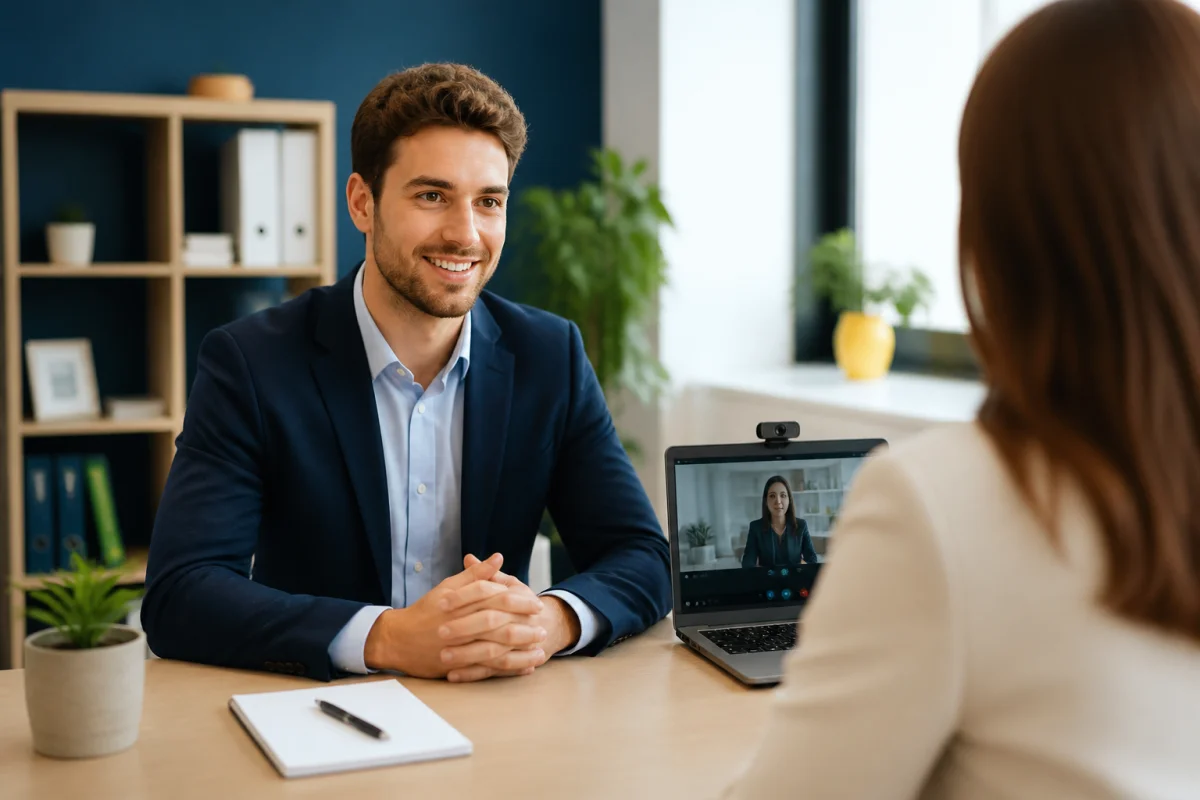 Jeune candidat souriant face à une recruteuse lors d’un entretien d’embauche, dans un bureau moderne et lumineux