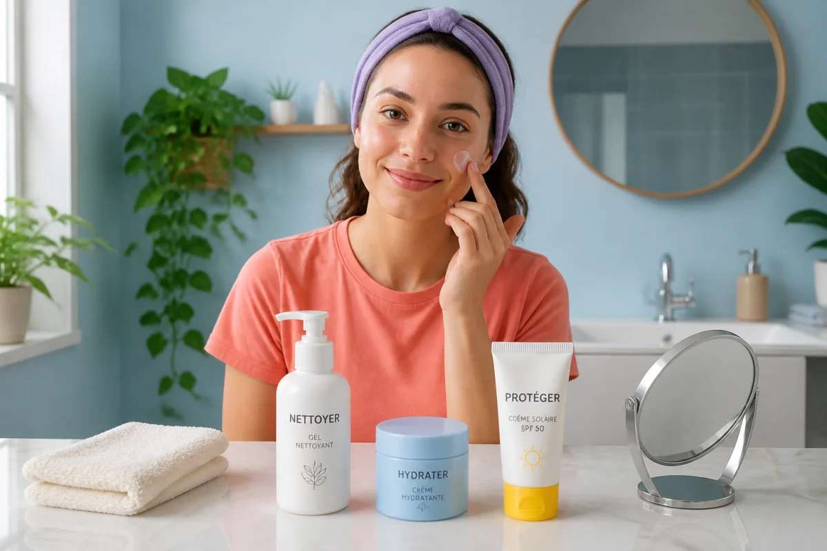 Routine soin visage débutant en trois étapes avec nettoyant, hydratant et crème solaire dans une salle de bains lumineuse