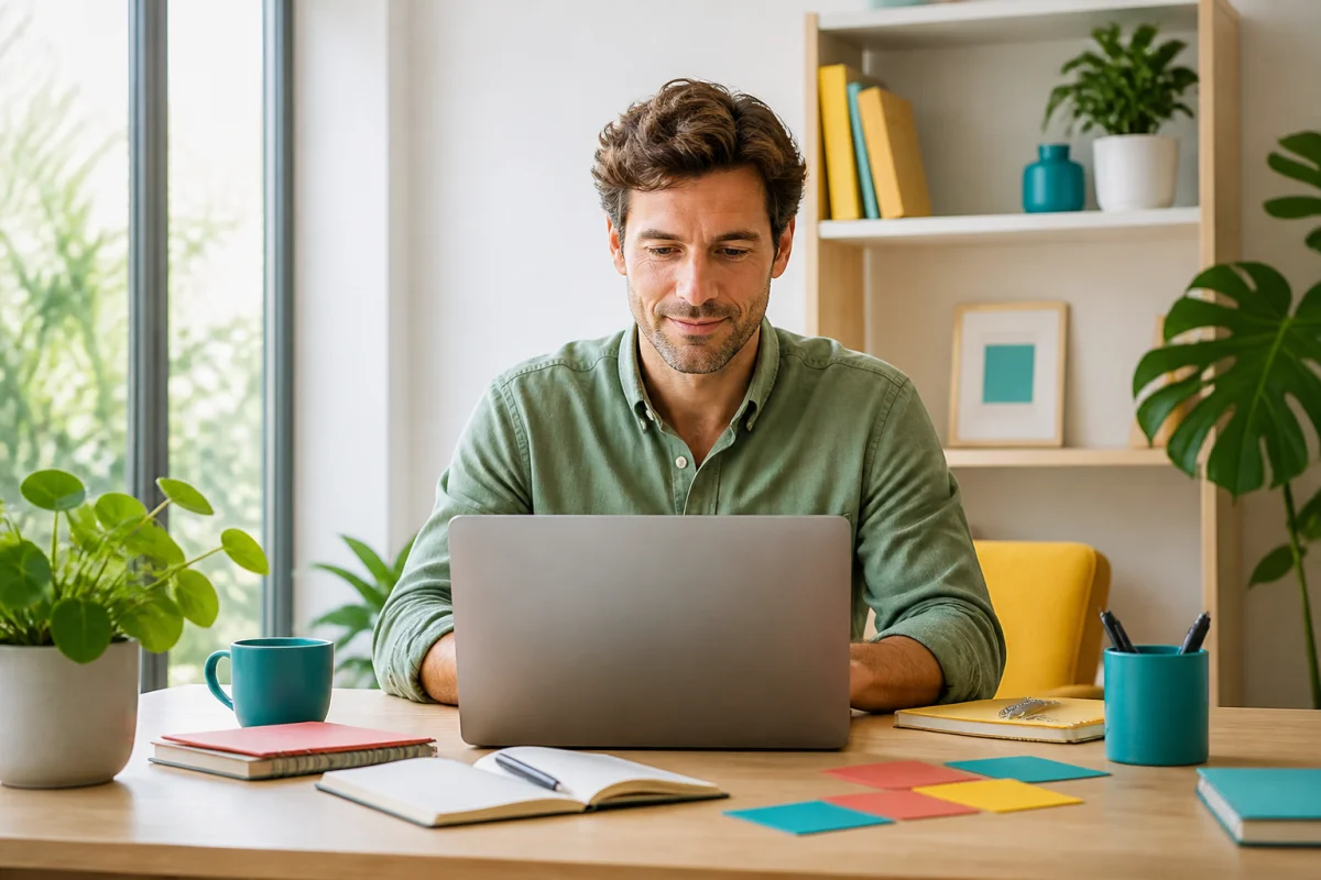 Personne consultant sereinement le site Sepide sur un ordinateur portable, dans un espace de travail lumineux et organisé