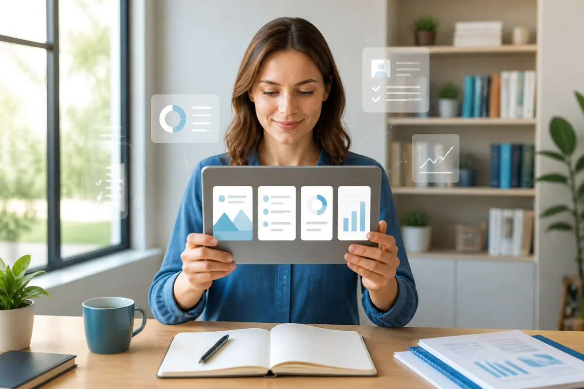 Personne consultant une présentation claire sur tablette, symbole d’une découverte guidée et accessible avec Sepide