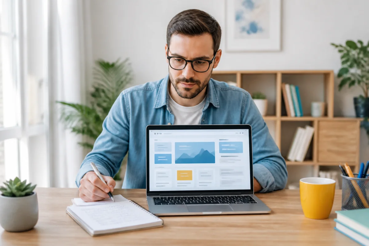Personne consultant Severine Online sur un ordinateur portable et notant des ressources utiles dans un espace de travail lumineux