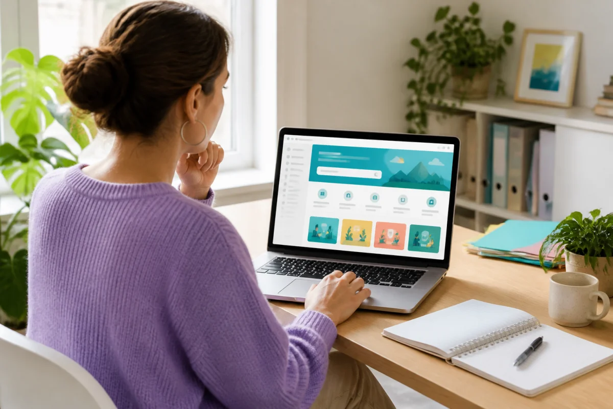 Personne consultant sereinement Severine Online sur un ordinateur portable, entourée de ressources numériques organisées.