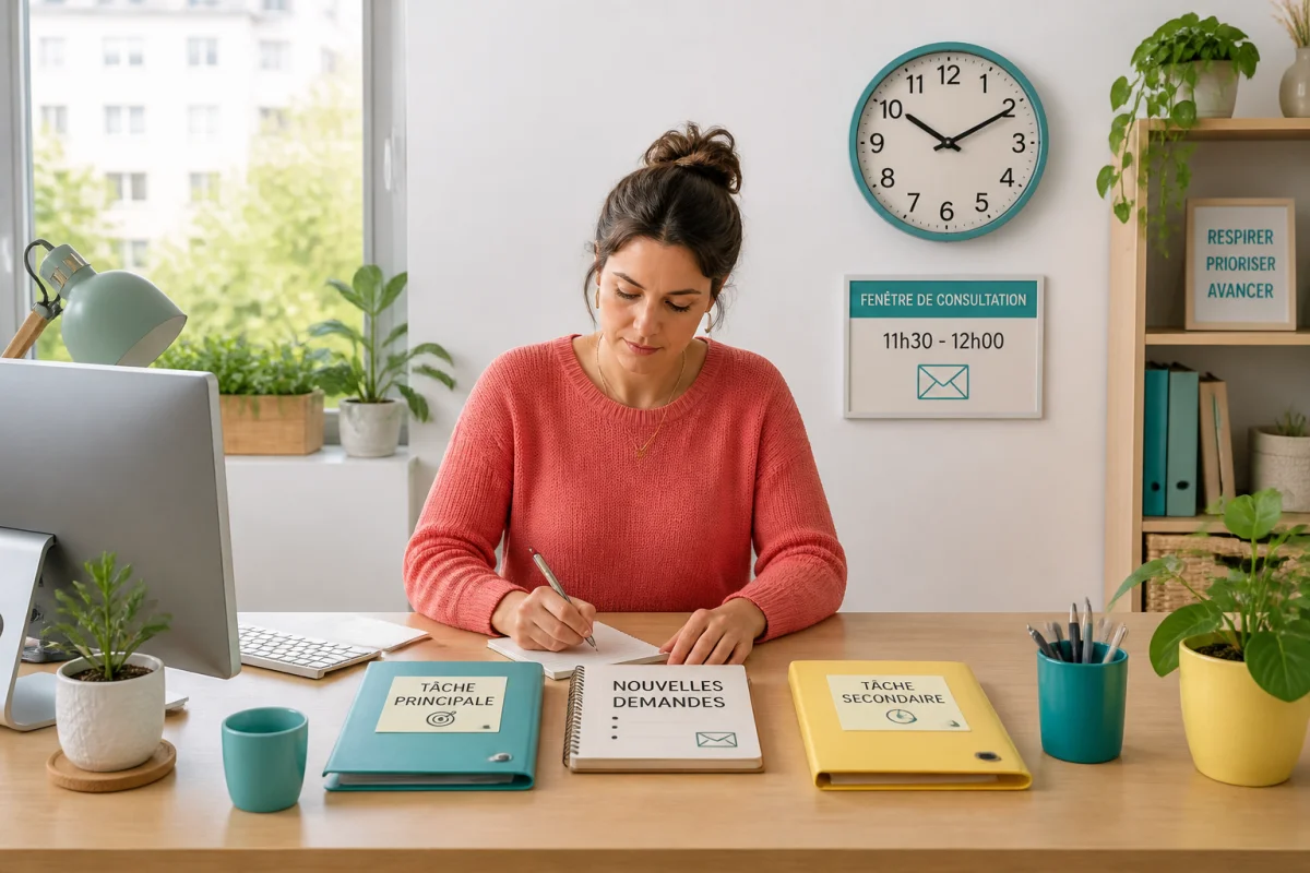 Professionnelle concentrée à son bureau, organisant ses tâches et demandes dans un carnet pour réduire le stress au travail
