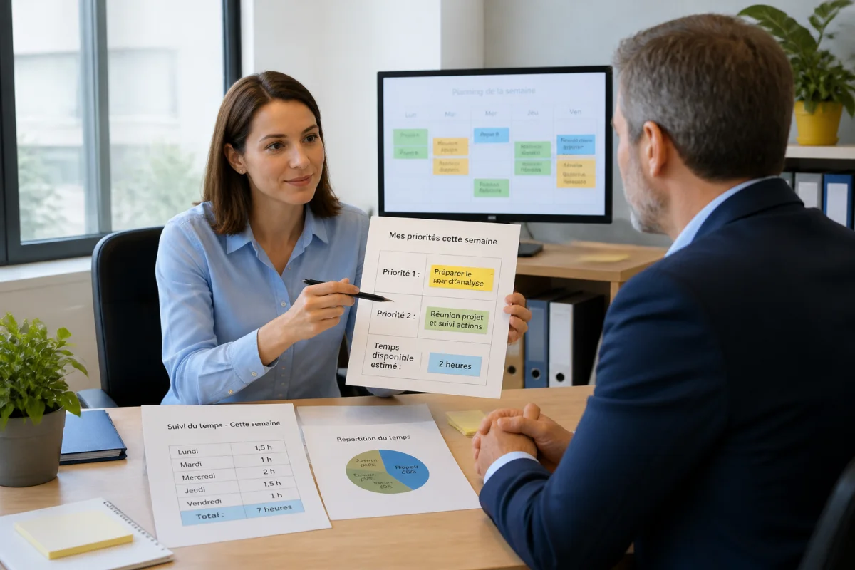 Gestion du stress au travail : employée présentant deux priorités professionnelles à son responsable dans un bureau lumineux