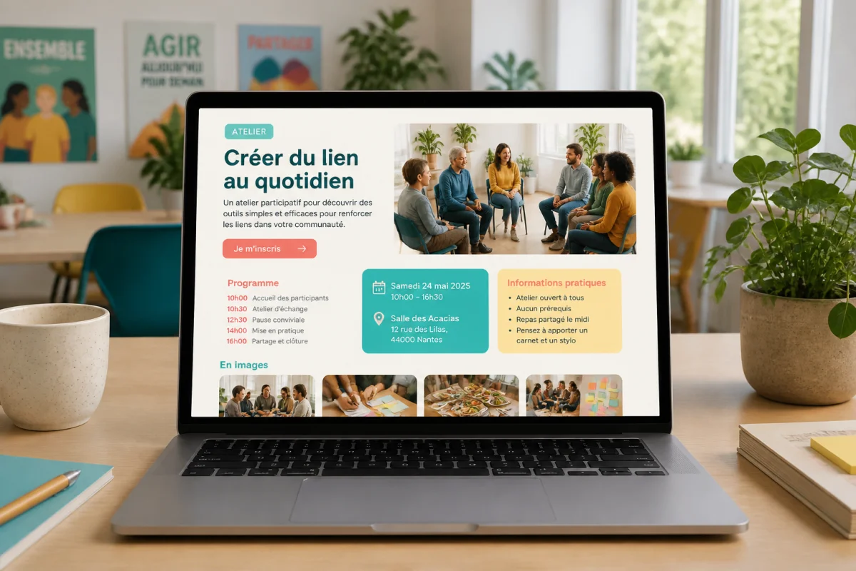Ordinateur affichant une page Tackk claire pour promouvoir un atelier associatif, avec programme, informations pratiques et inscription