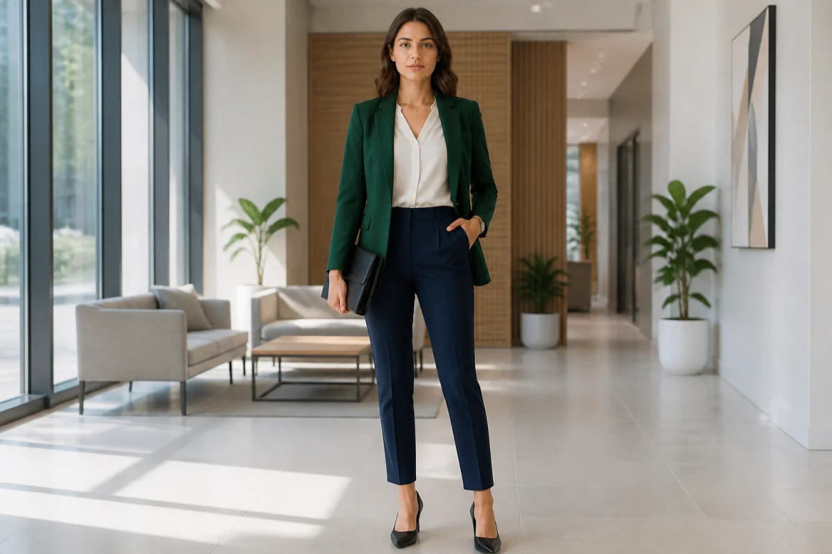 Jeune professionnelle en blazer vert émeraude, chemisier ivoire et pantalon bleu nuit pour choisir une tenue professionnelle pour entretien.