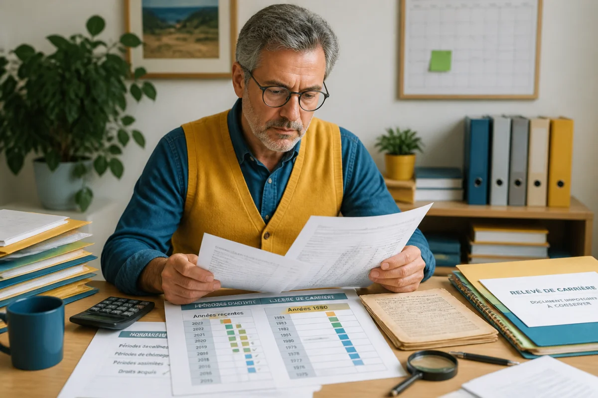 Personne vérifiant son relevé de carrière pour valider ses trimestres de retraite, avec documents chronologiques sur un bureau.