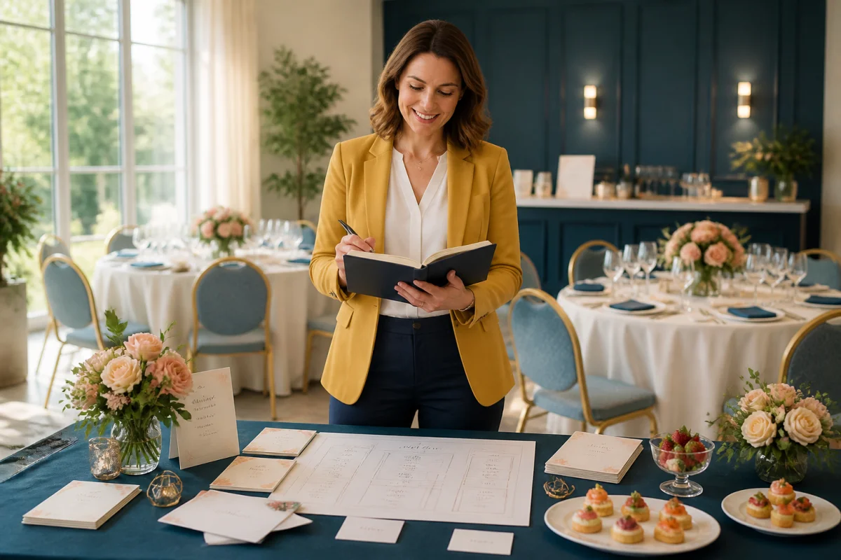 Yellowspringscatering, organisatrice souriante préparant une réception élégante avec carnet, plan de table et plats raffinés