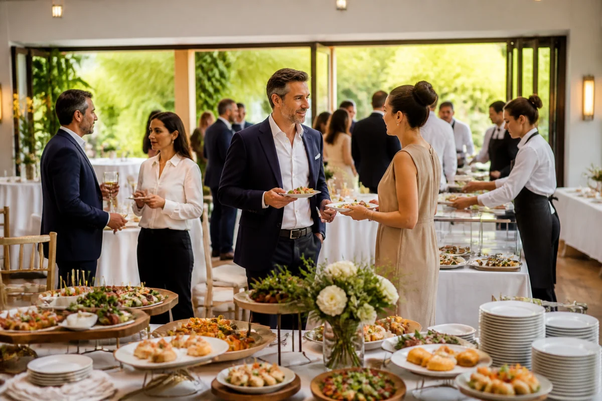 Yellowspringscatering organise une réception élégante, avec buffet raffiné, invités sereins et service attentif dans un jardin lumineux.